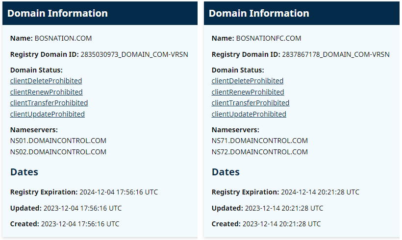 The left screenshot shows that  "BOSNATION.COM" has a "created" timestamp of "2023-12-04 17:56:16 UTC".  The right screenshot shows that "BOSNATIONFC.COM" has a "created" timestamp of 2023-12-14 20:21:28 UTC".