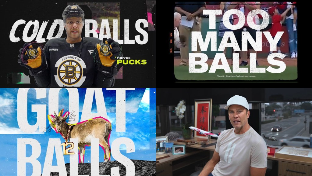 Four stills, left to right, starting with the top rowt:  (1) A Boston Bruins hockey player holding two hockey pucks in front of "COLD BALLS" with "*THEY'RE PUCKS"; (2) "TOO MANY BALLS" superimposed over a video of an on-field spectator being hit in the groin area with a ceremonial first pitch at a Boston Red Sox game; (3) a graphic with "GOAT BALLS" plus a mountain goat wearing a necklace with a large "12" pendant; and (4) retired NFL quarterback Tom Brady in an office overlooking an intersection.